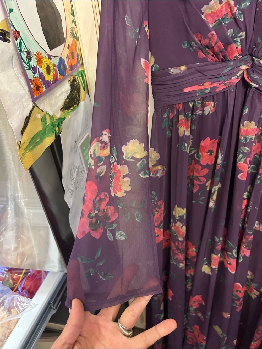 Mac Duggal Plum Floral V-Neck Maxi Dress with Red & Cream Accents - Picture 2 of 3